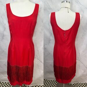 Vintage 70s Red Fringe Dress Flapper Evening Party Sheath Sleeveless Cocktail L